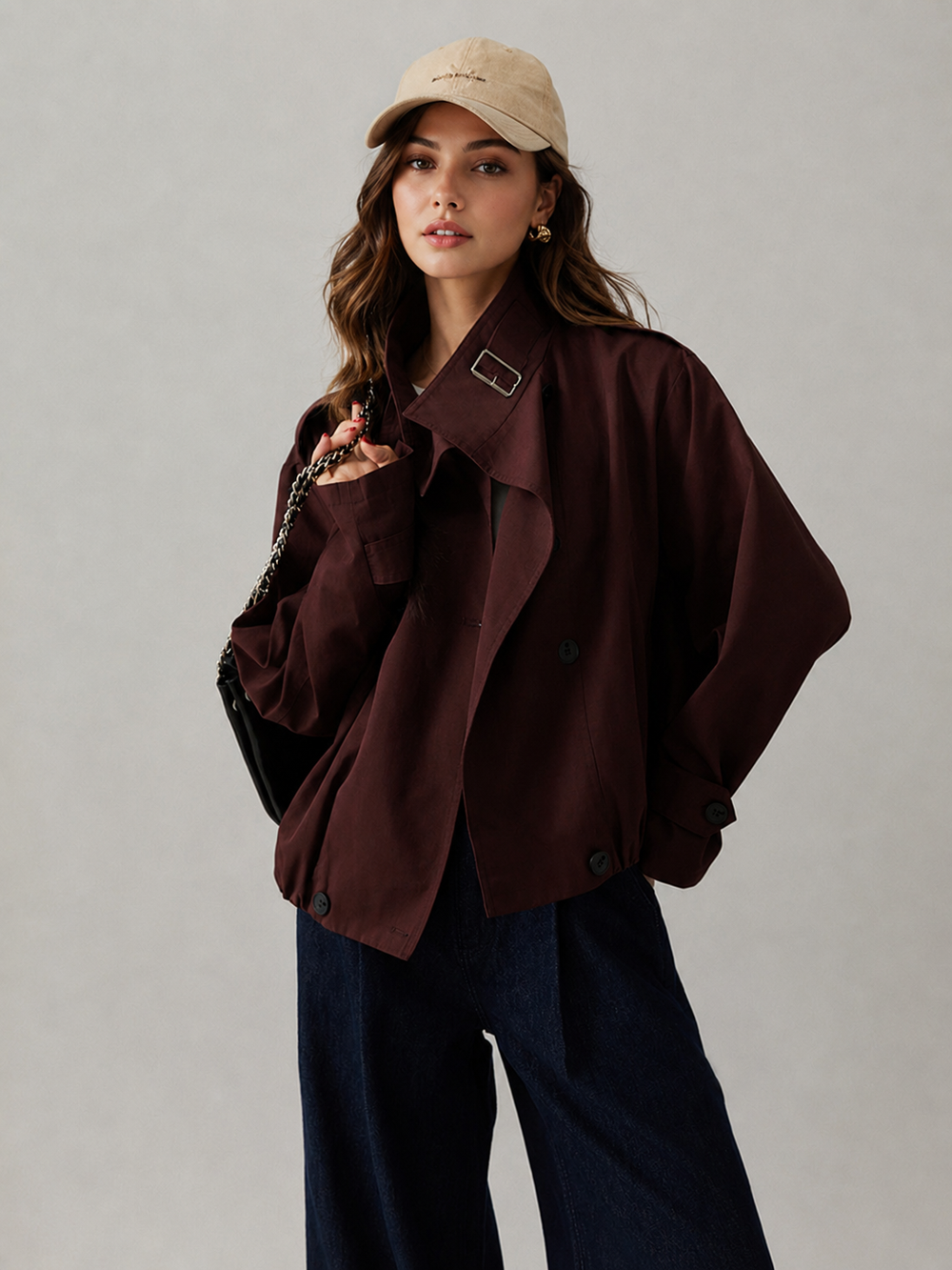 Wine coloured loose trench jacket with buckle collar and elasticated cuffs, front view