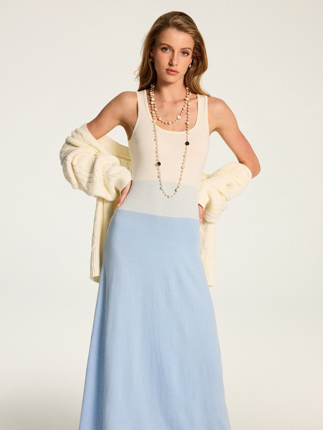 Color‑Block Sleeveless Wool Blend Maxi Dress