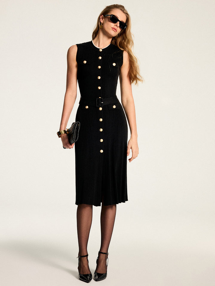 Metal Button Belted Sleeveless Knit Midi Dress