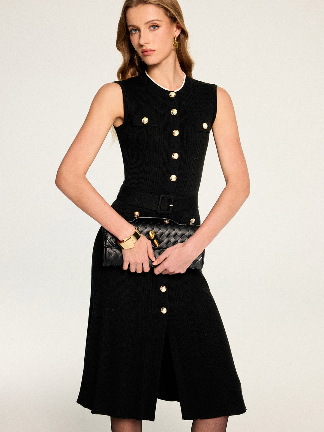 Metal Button Belted Sleeveless Knit Midi Dress