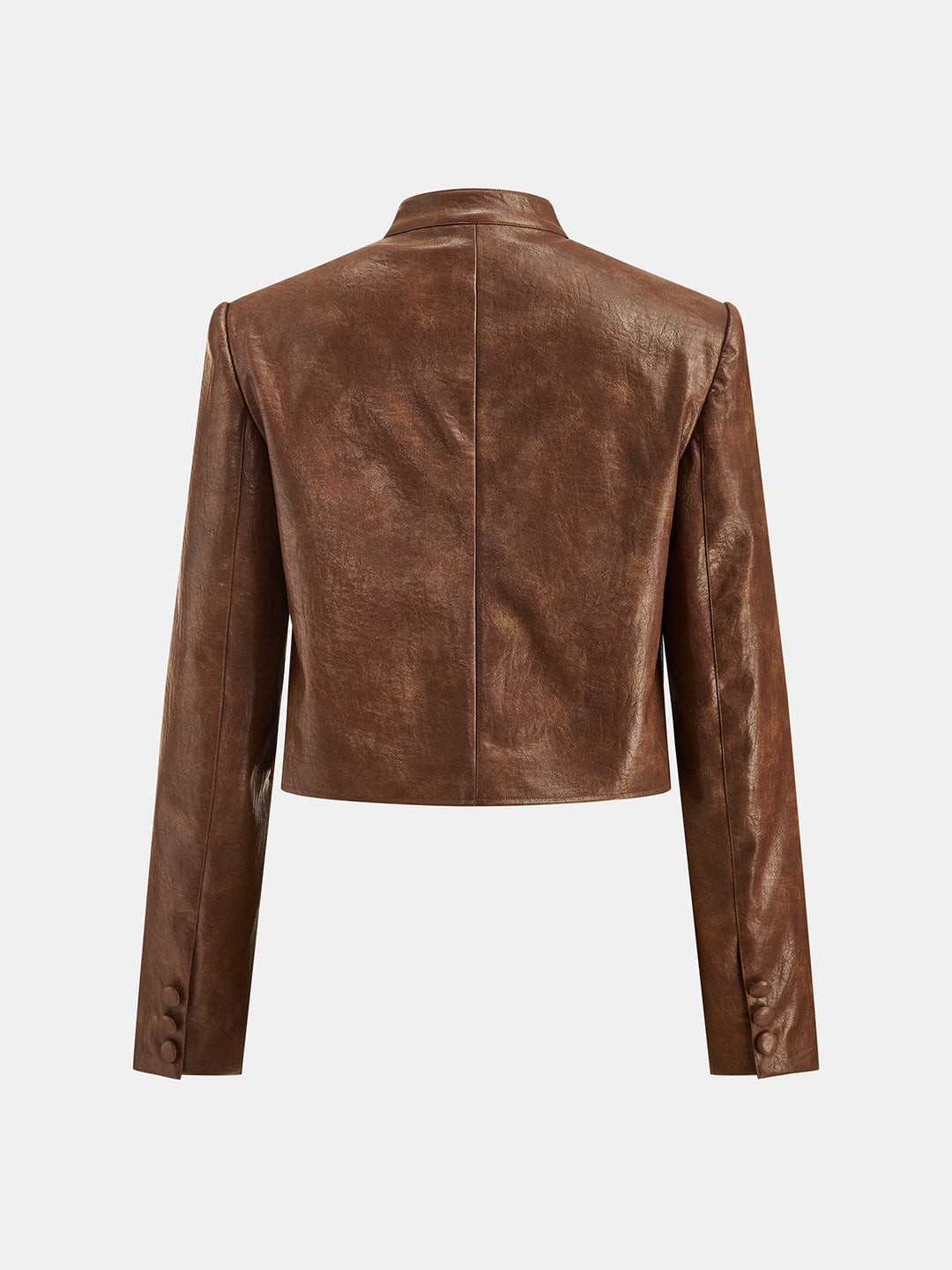 Back view of brown cropped faux leather military jacket showing clean seamed panels