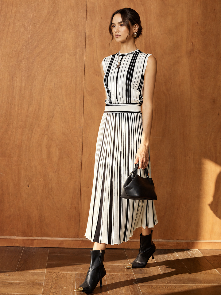 Striped Knit Two-Piece Maxi Skirt Set - women's two-piece skirt set, detail close-up