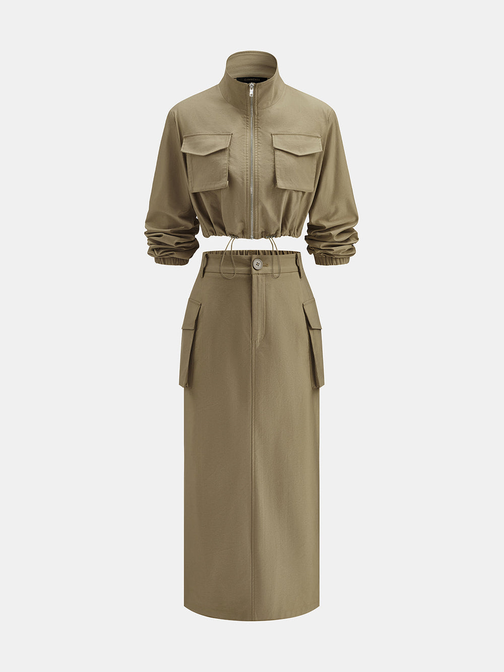 Cropped Jacket Midi Skirt Cargo Co-ord Set cropped jacket and midi skirt shown together