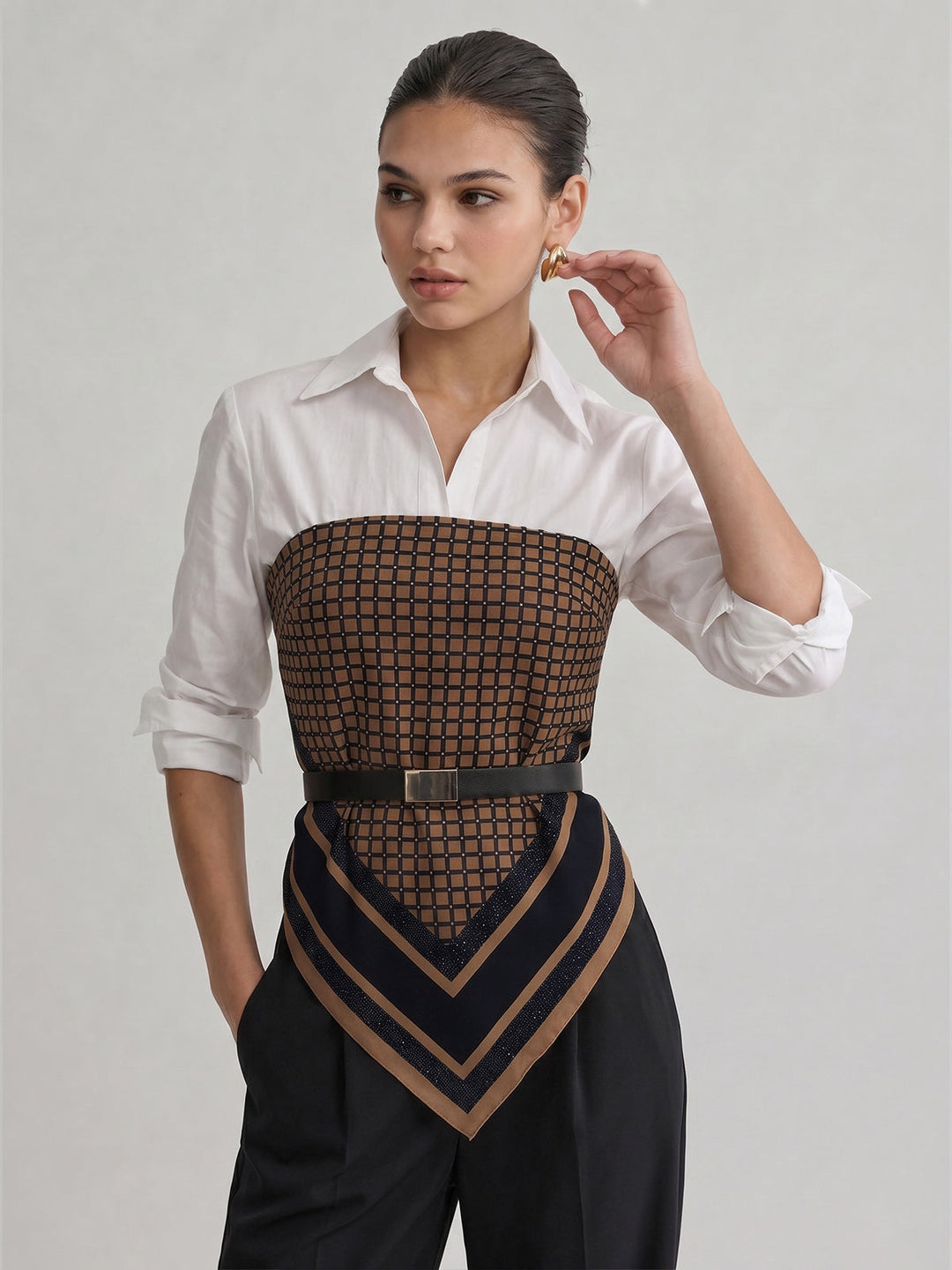 Patchwork Scarf-Hem Belted Shirt - women's shirt, sleeve detail