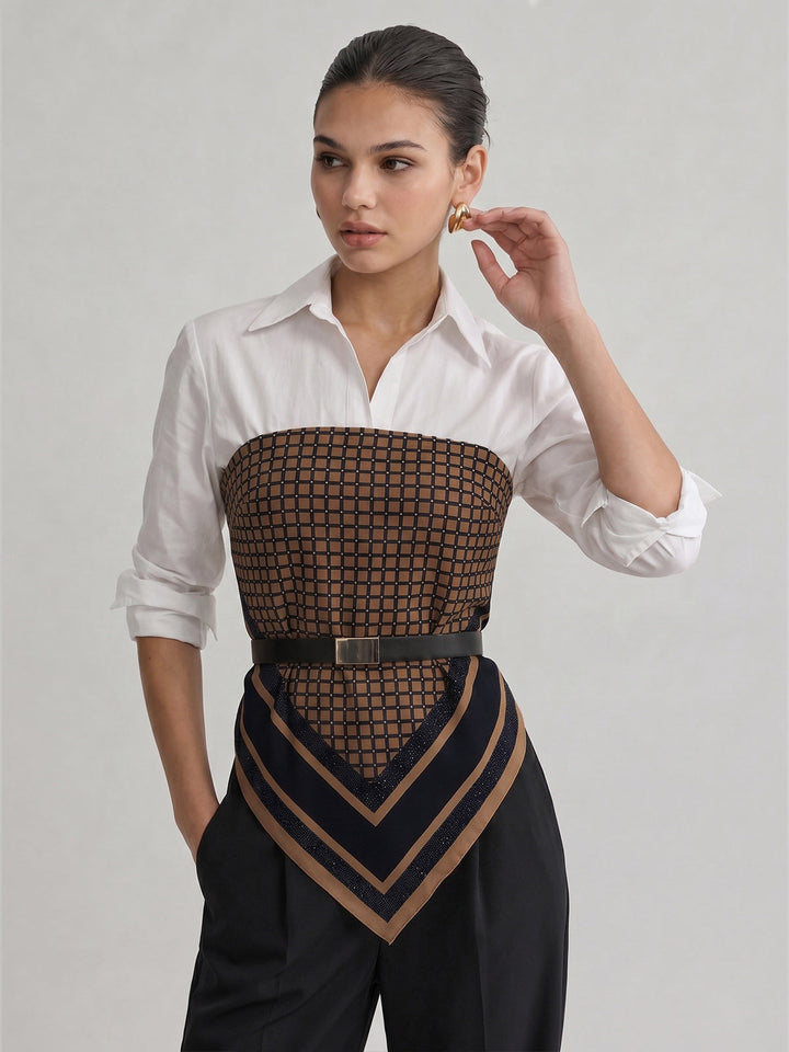 Patchwork Scarf-Hem Belted Shirt - women's shirt, sleeve detail