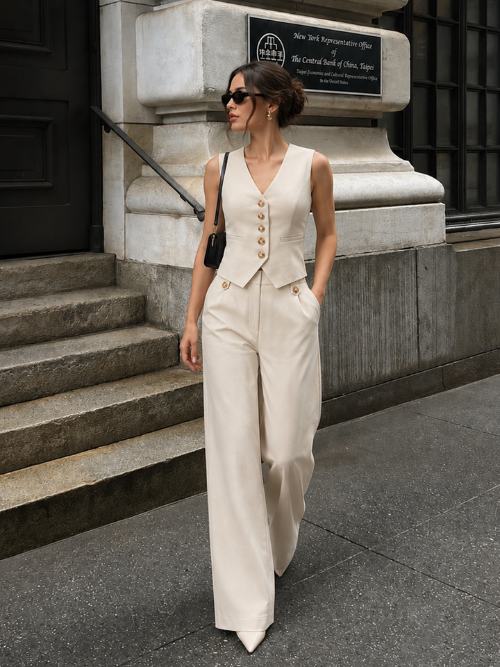 V-Neck Button-Front Cropped Fitted Vest and Wide-Leg Trousers Set - women's two-piece trouser set, front view