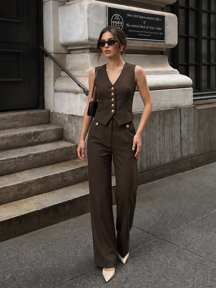 V-Neck Button-Front Cropped Fitted Vest and Wide-Leg Trousers Set - women's two-piece trouser set, waist detail