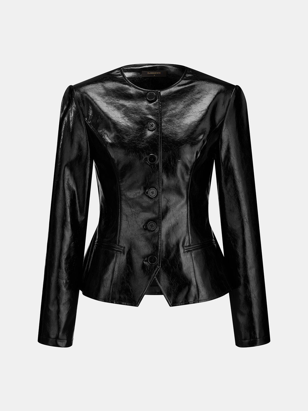 Black crackle texture faux leather jacket, fitted collarless style with covered buttons