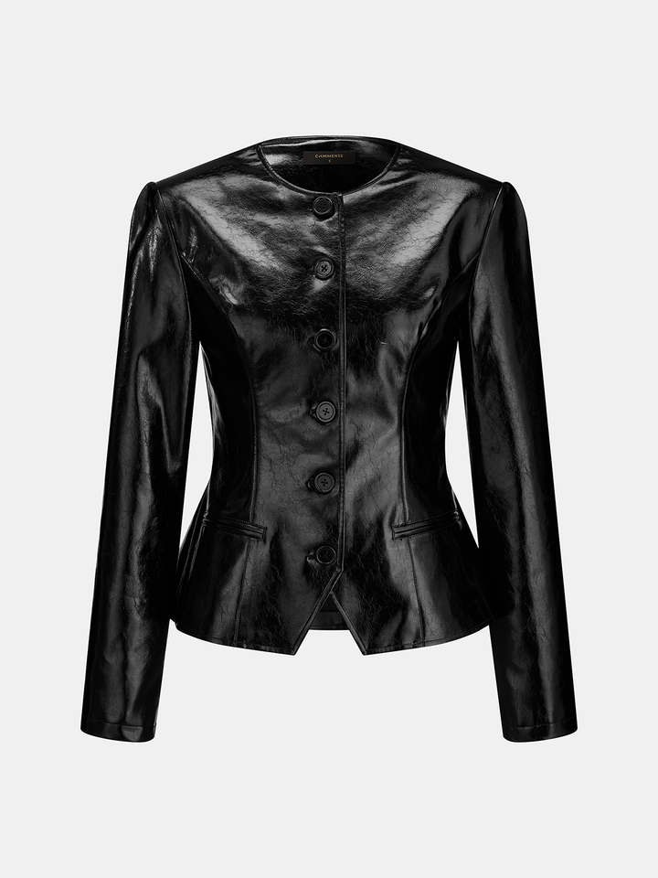 Black crackle texture faux leather jacket, fitted collarless style with covered buttons