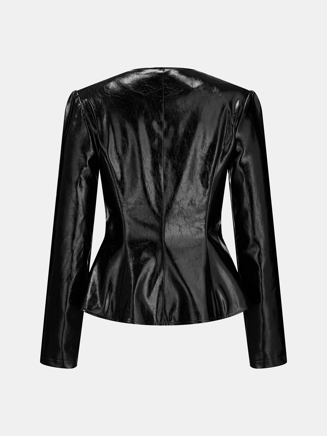 Back view of the black patent faux leather jacket showing the nipped waist seams