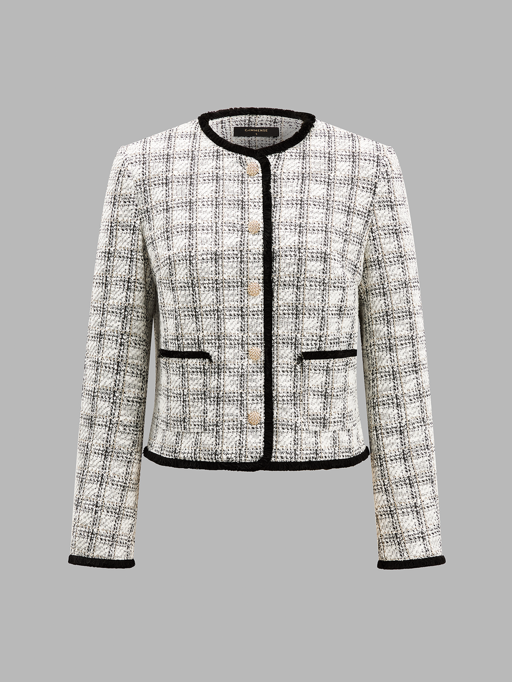 Contrast Trim Plaid Tweed Jacket — women's blazers, back view