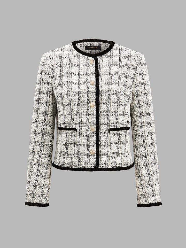 Contrast Trim Plaid Tweed Jacket