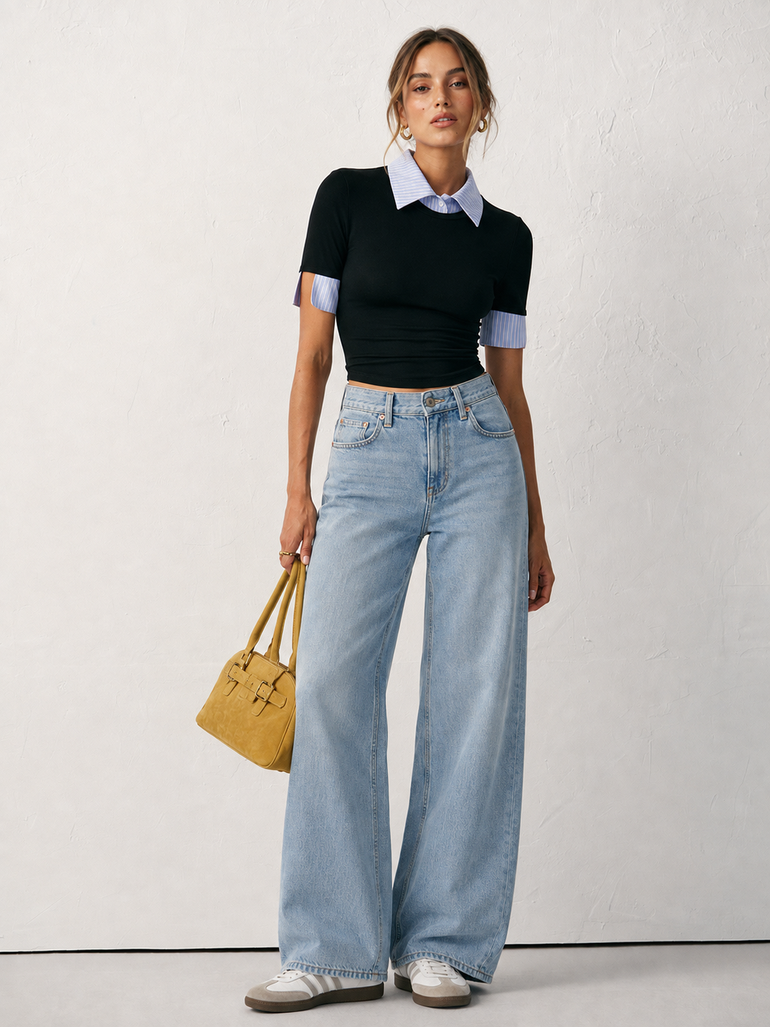 2 in 1 Paneled Collar And Cuffs Fitted T-Shirt