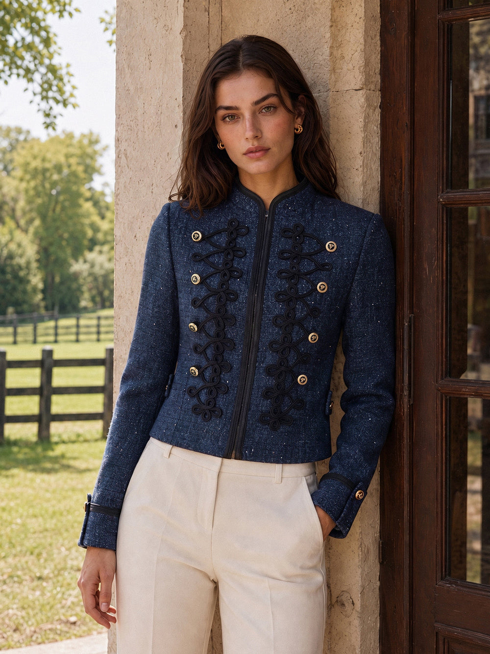 Military‑Style Braided Detail Tweed Blazer — women's blazers, back view