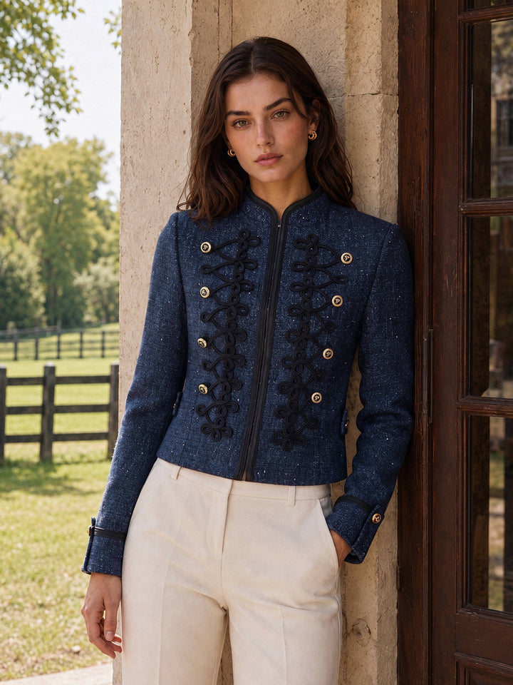 Military‑Style Braided Detail Tweed Blazer