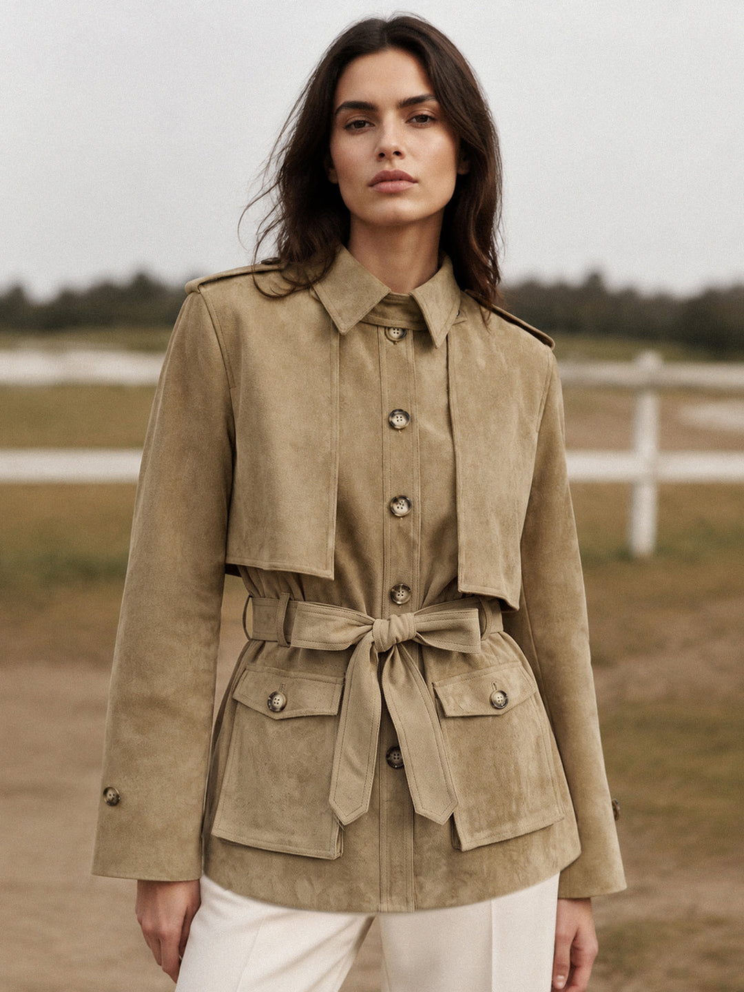 Belted Suede Effect Utility Trench Jacket