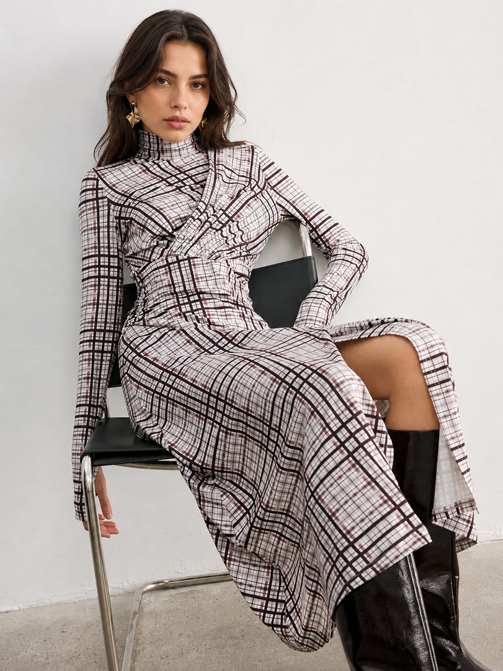 Checked Long-Sleeve Mock Neck Maxi Dress
