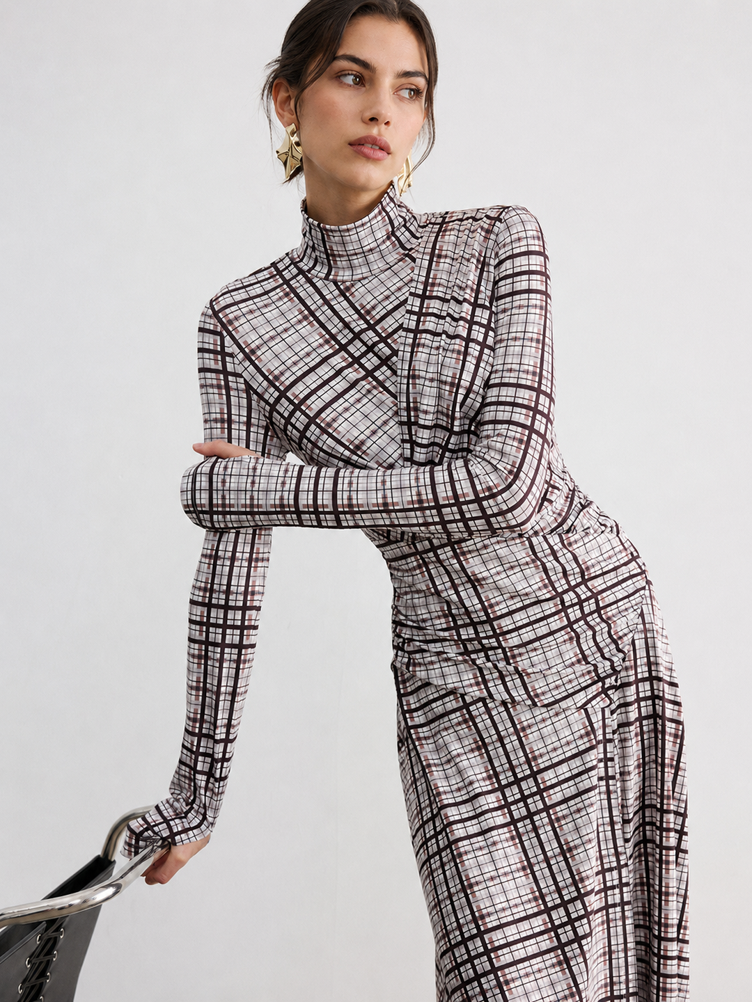 Checked Long-Sleeve Mock Neck Maxi Dress