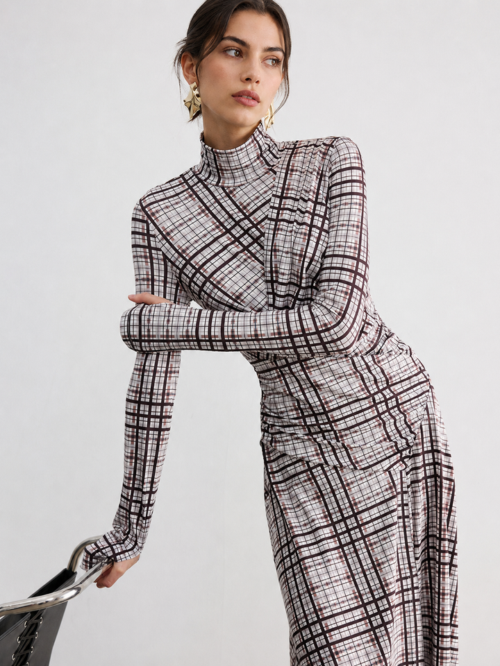 Checked Long-Sleeve Mock Neck Maxi Dress
