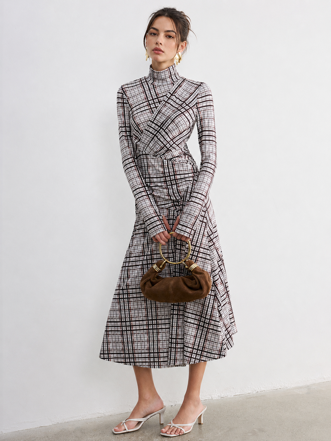 Checked Long-Sleeve Mock Neck Maxi Dress