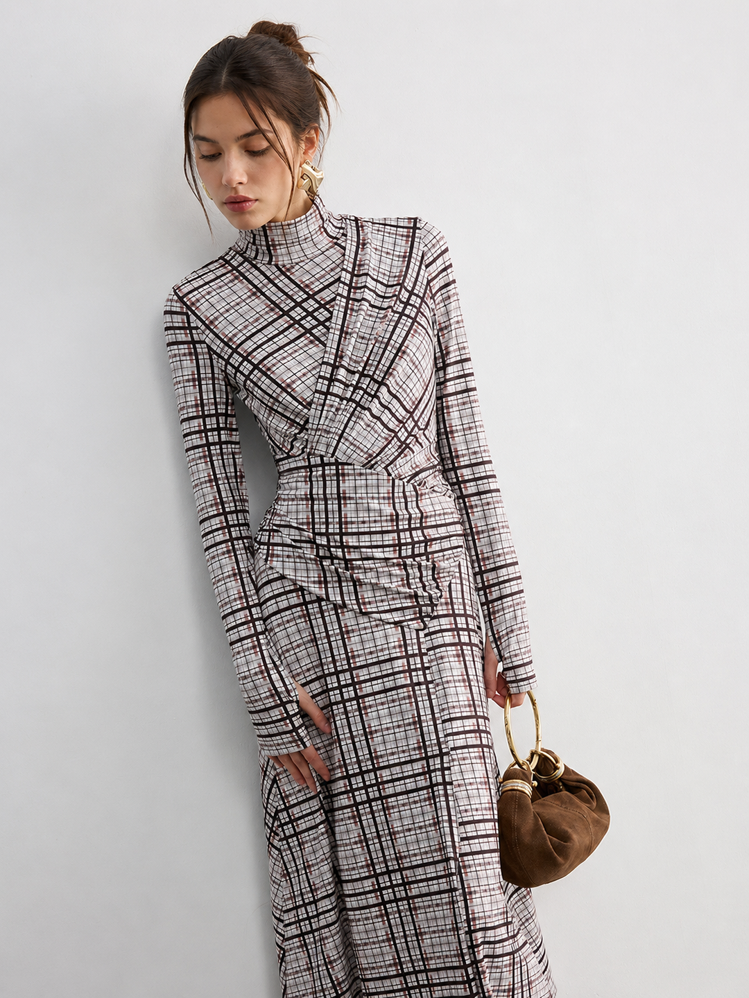 Checked Long-Sleeve Mock Neck Maxi Dress