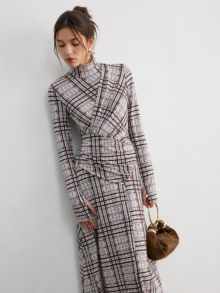 Checked Long-Sleeve Mock Neck Maxi Dress