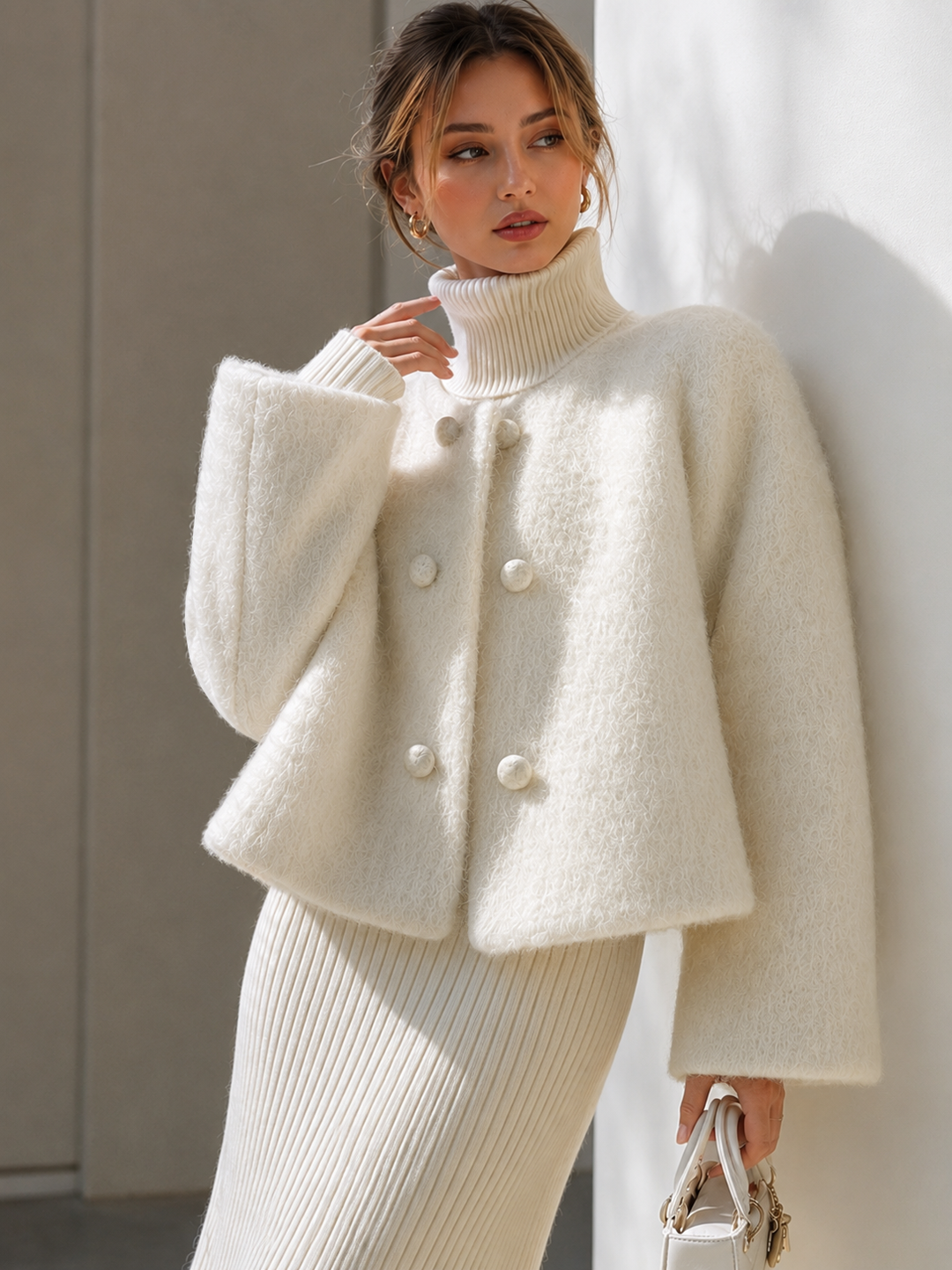 Fuzzy Button Short Wool Coat — women's wool coats, front view