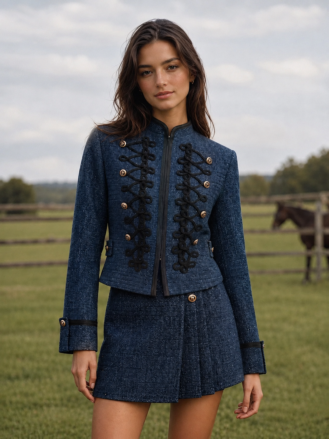 Military‑Style Braided Detail Tweed Blazer — women's blazers, front view