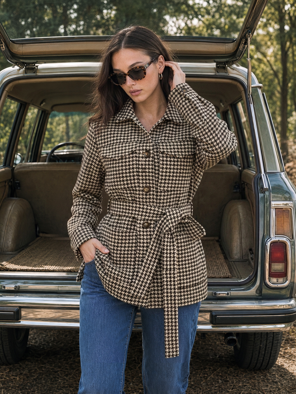 Houndstooth Belted Waist Shirt Jacket — women's blazers, back view