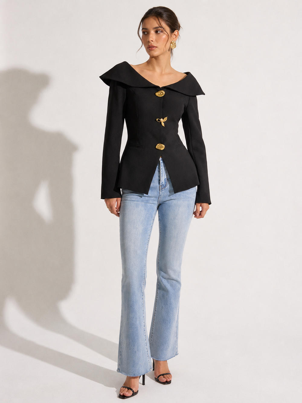 Large Lapel Off-Shoulder Blazer — women's blazers, back view