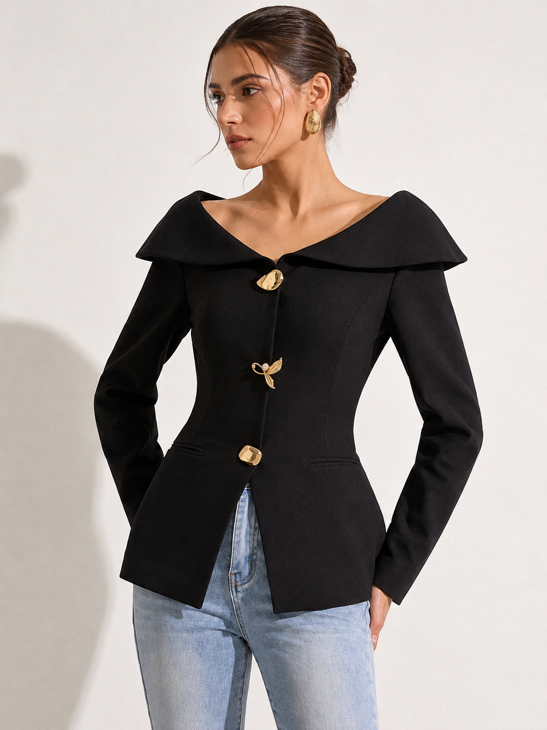 Large Lapel Off-Shoulder Blazer — women's blazers, front view