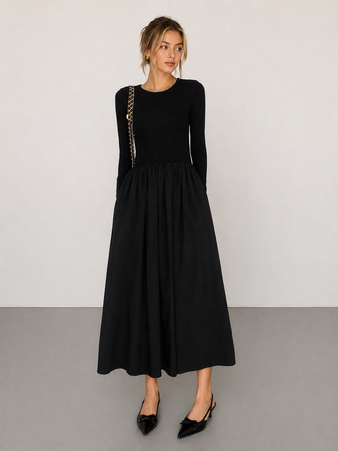 Leisure Pockets Long Sleeve Long Dress — women's dresses, front view