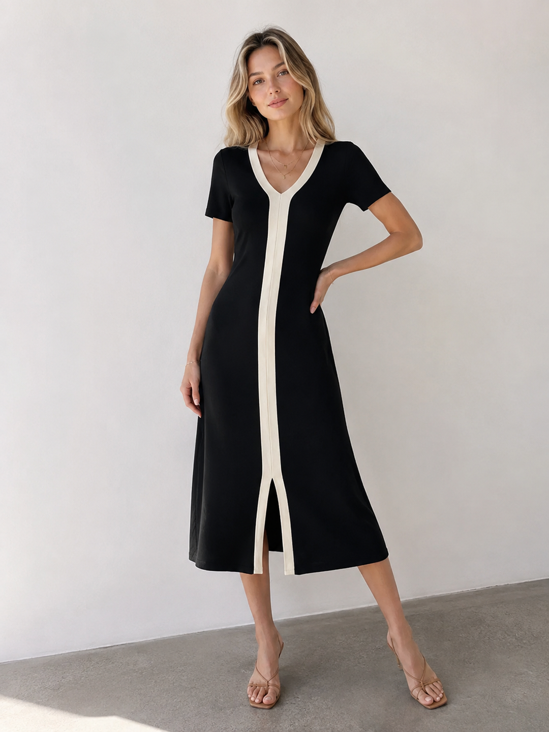 Two Tone V-Neck Knit Slit Midi Dress - women's knit dress, back view