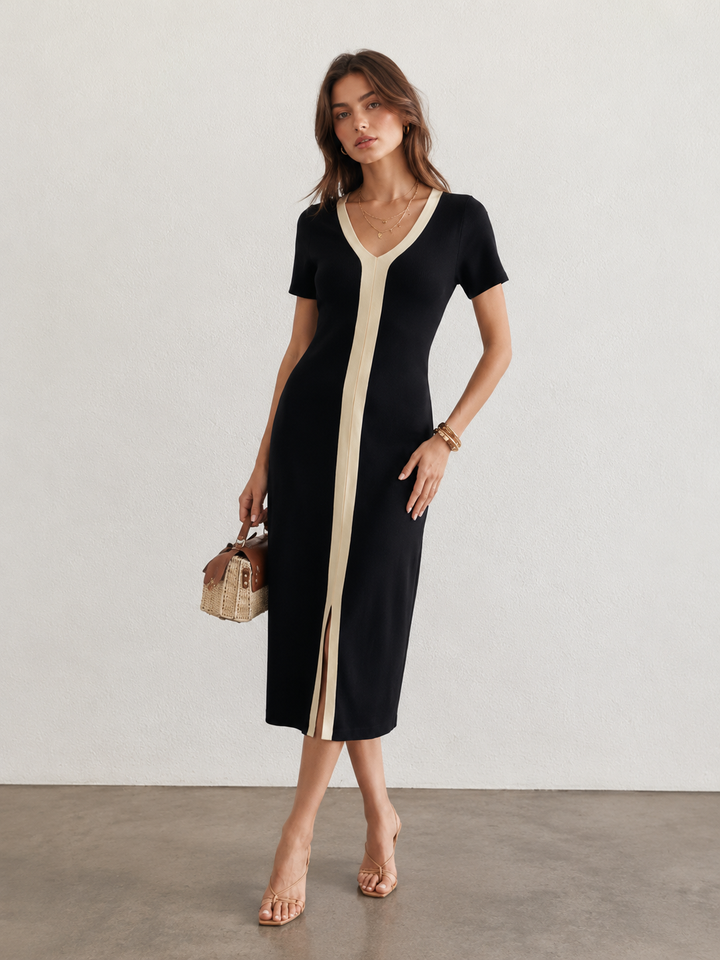 Two Tone V-Neck Knit Slit Midi Dress