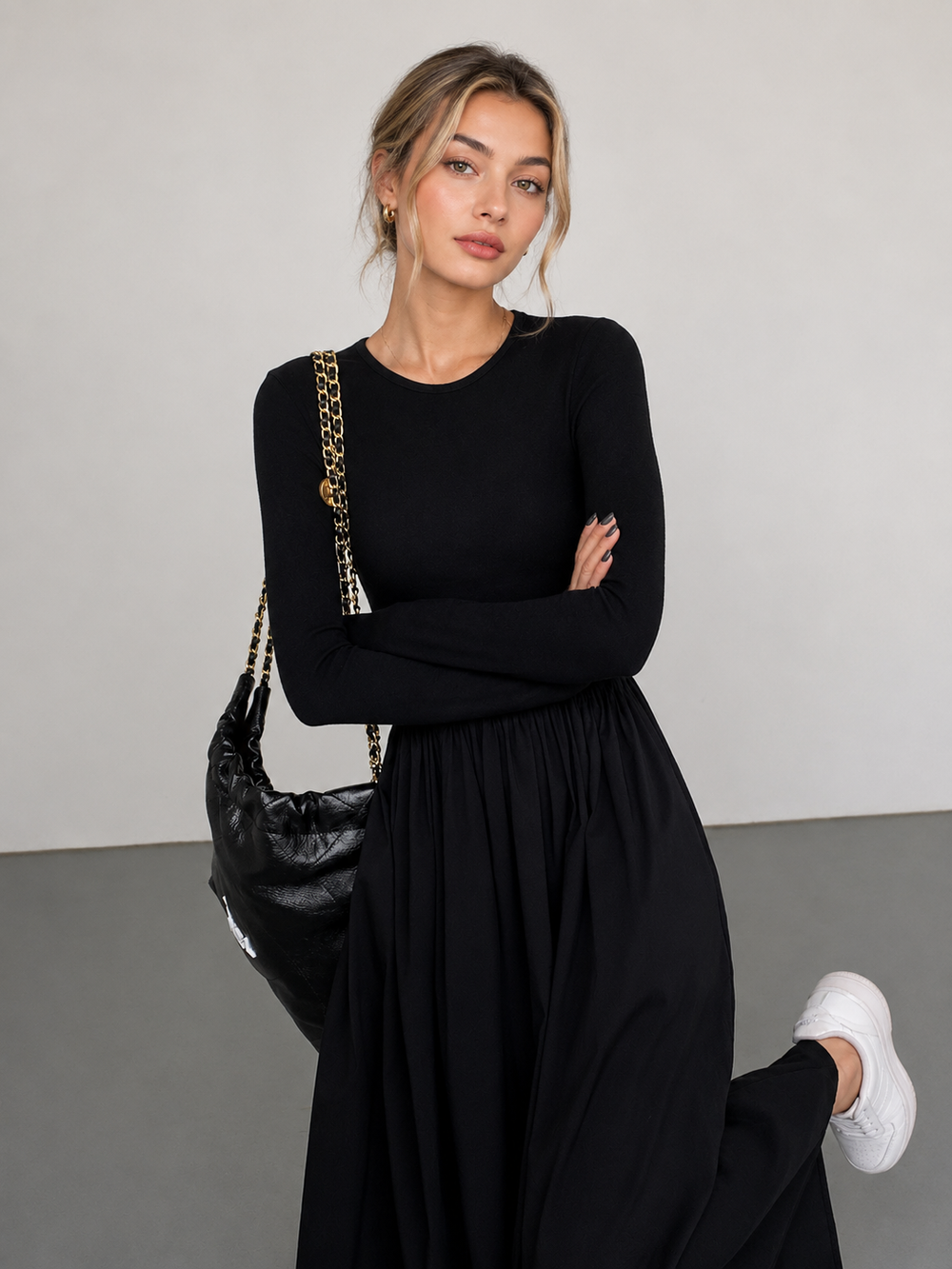 Leisure Pockets Long Sleeve Long Dress — women's dresses, back view