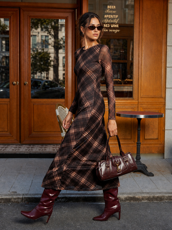 Plaid Mesh Long Sleeve Maxi Dress