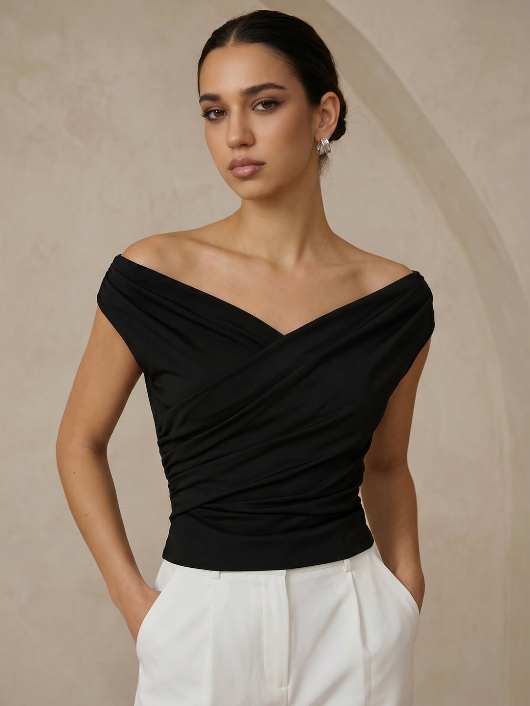 Asymmetric Neckline Ruched Blouse - women's blouse, fabric detail