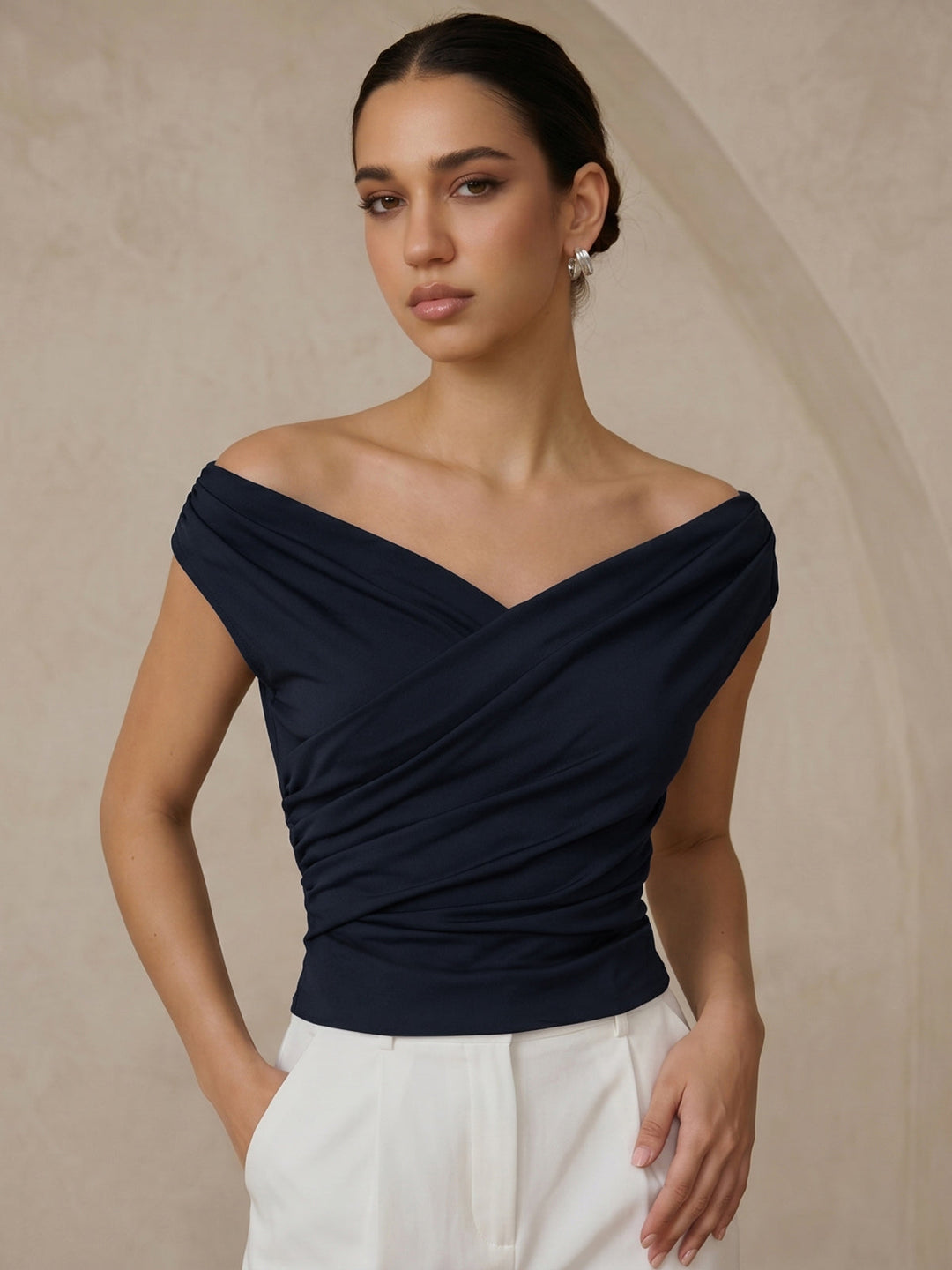 Asymmetric Neckline Ruched Blouse - women's blouse, neckline detail