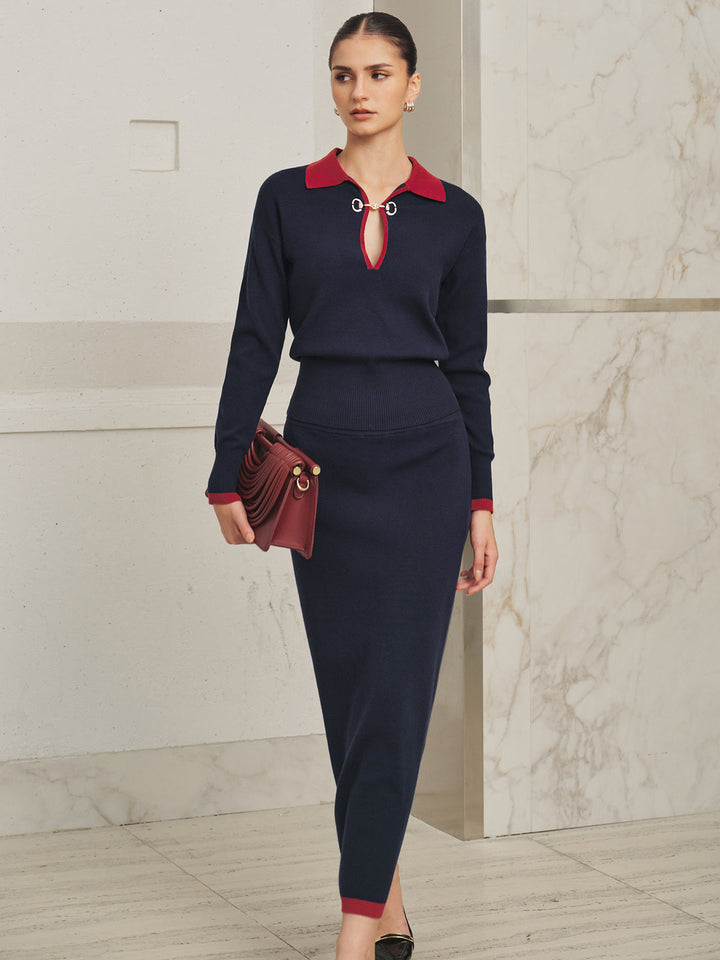 Horsebit Detail Contrast Trim Knit Co-ord Set - women's knit two-piece set, front view