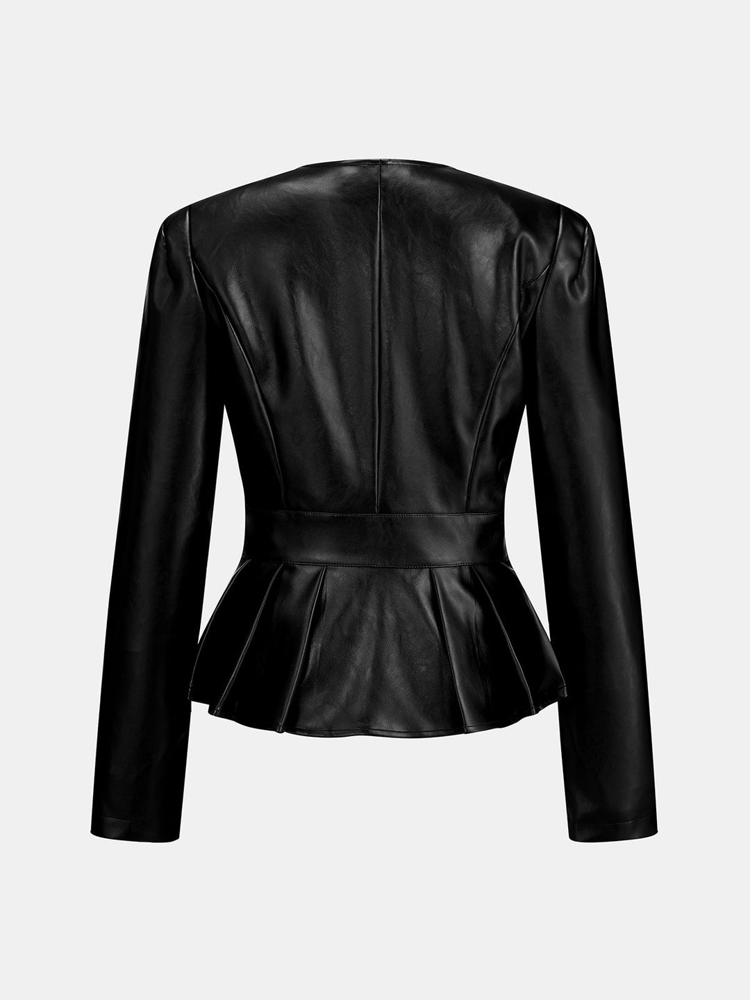 Back view of black faux leather peplum jacket with fitted waist seams