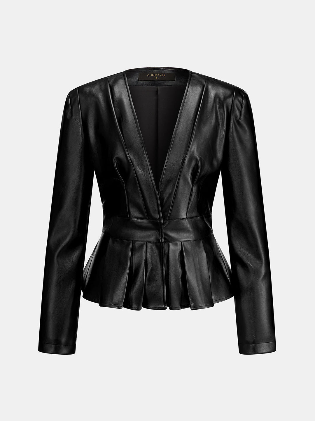 Black faux leather V neck peplum jacket, front product shot with pleated hem