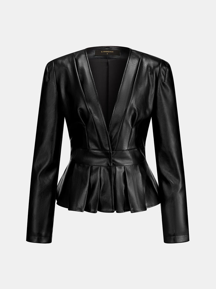Black faux leather V neck peplum jacket, front product shot with pleated hem