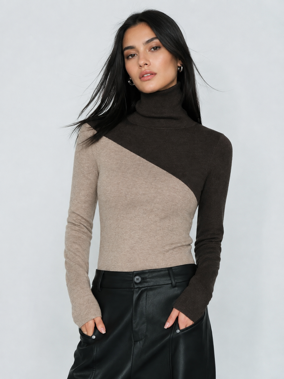 Asymmetric Patchwork Long Sleeve Mock Neck Knit Top