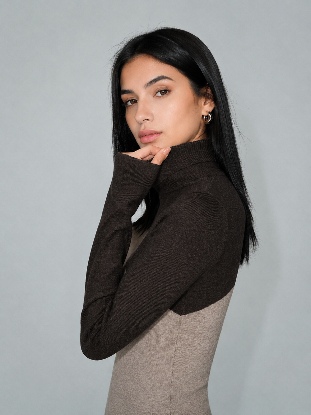 Asymmetric Patchwork Long Sleeve Mock Neck Knit Top — women's knit tops, back view