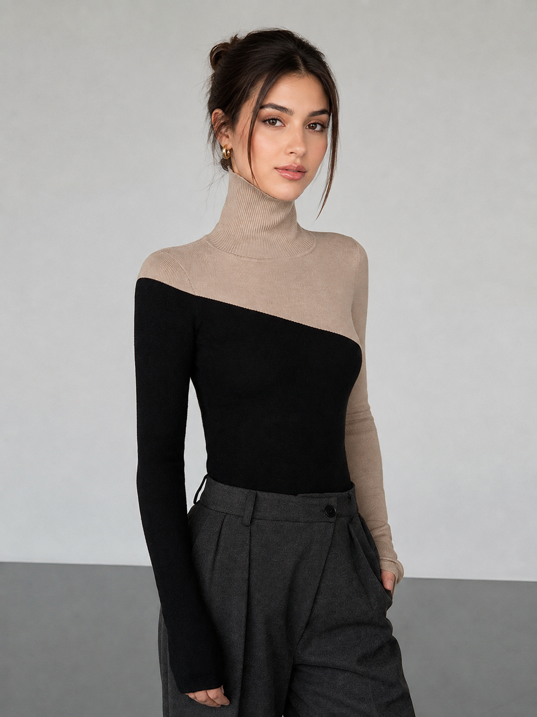 Asymmetric Patchwork Long Sleeve Mock Neck Knit Top