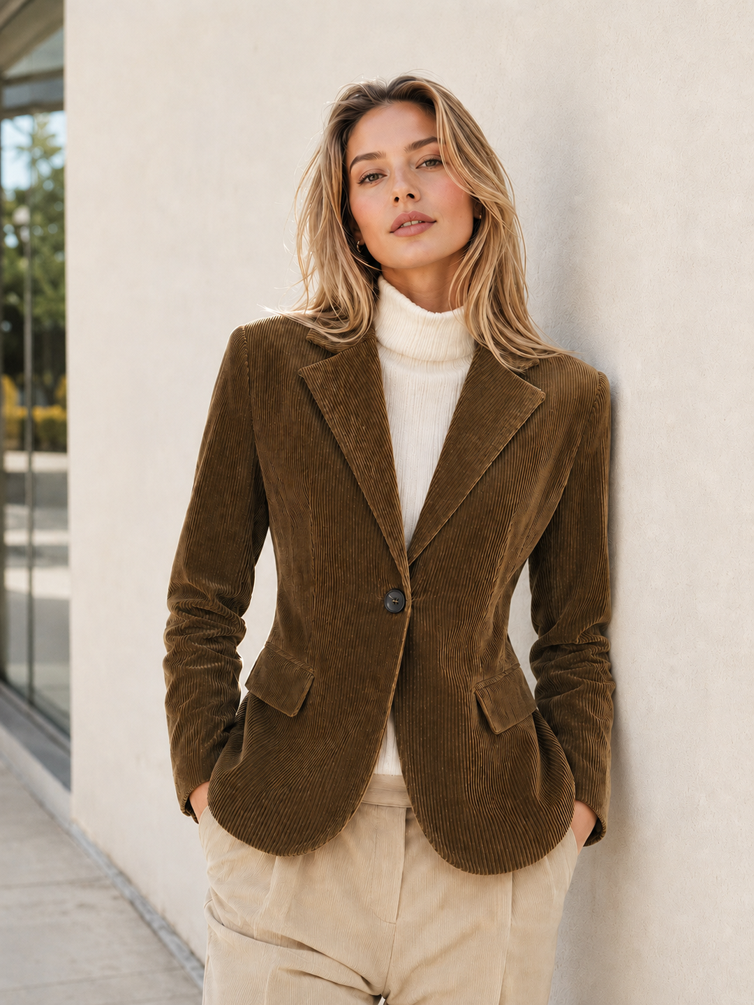 Corduroy Wide-Shoulder Fitted Blazer — women's blazers, front view