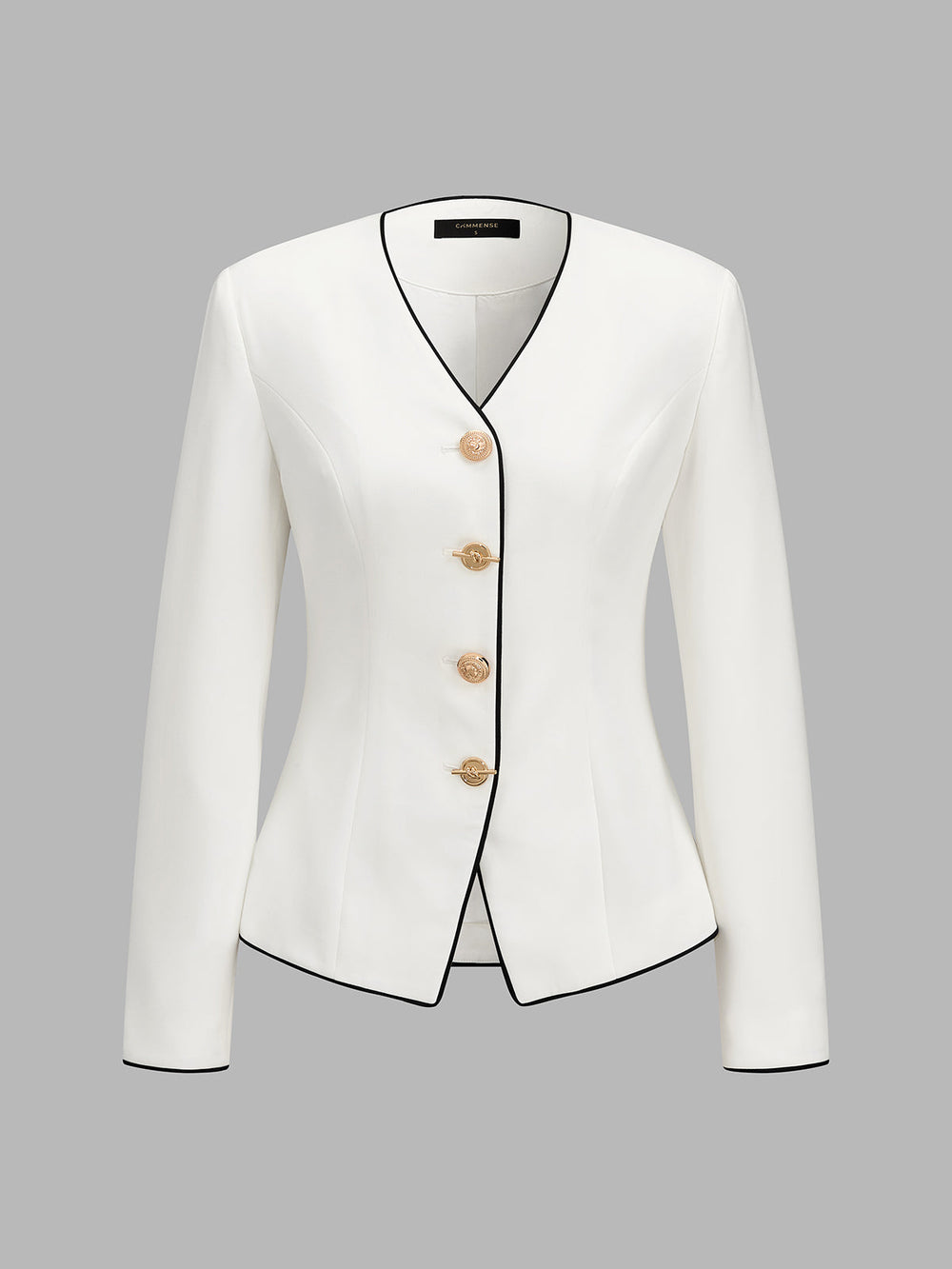 Contrast‑Trim V‑Neck Metal Button Fitted Blazer — women's blazers, back view