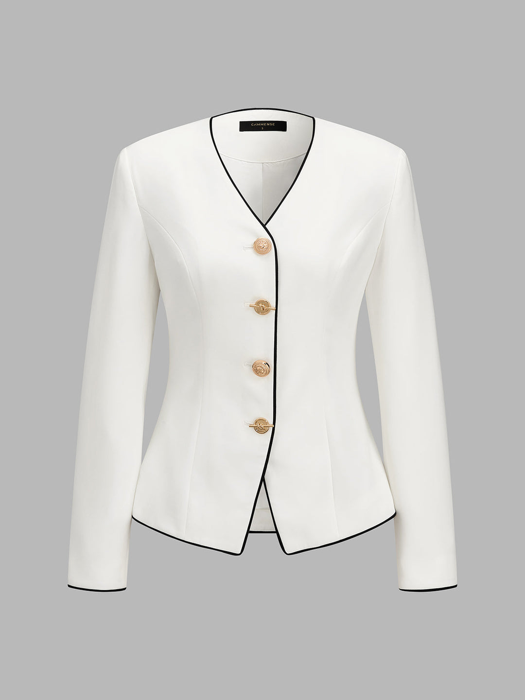 Contrast‑Trim V‑Neck Metal Button Fitted Blazer