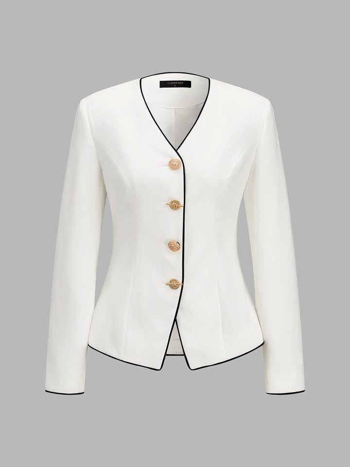 Contrast‑Trim V‑Neck Metal Button Fitted Blazer