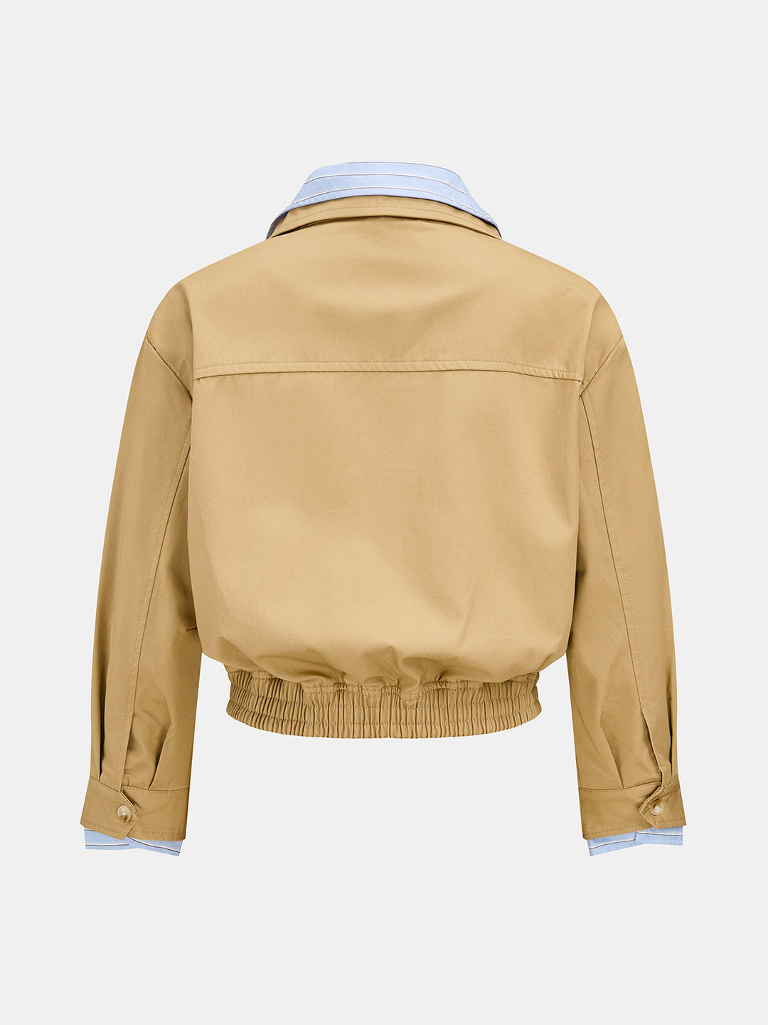 Back view of the camel cropped bomber jacket with elasticated hem and yoke seam